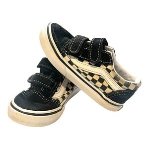 VANS Checkerboard Old Skool Shoes Toddler Black White Hook & Loop US 7
